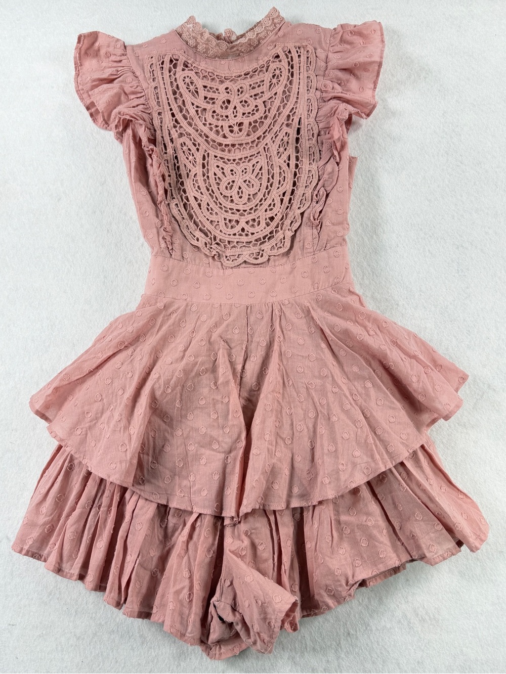 Hello Molly Mauve Dusty Rose Lace Ruffle Swiss Dot Romper Size Small Boho